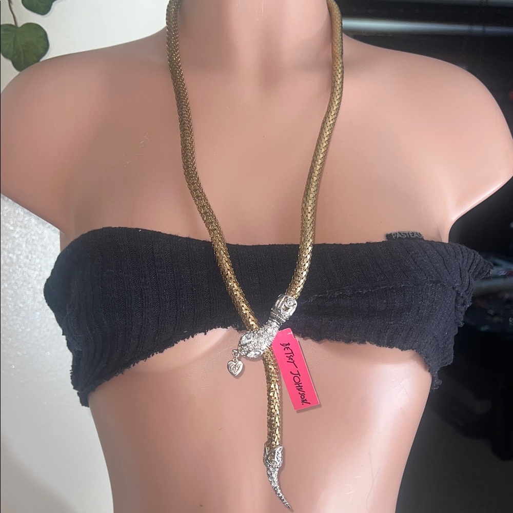 Betsey Johnson Gold-Tone Snake Lariat Necklace with Rhinestone & Heart Charm